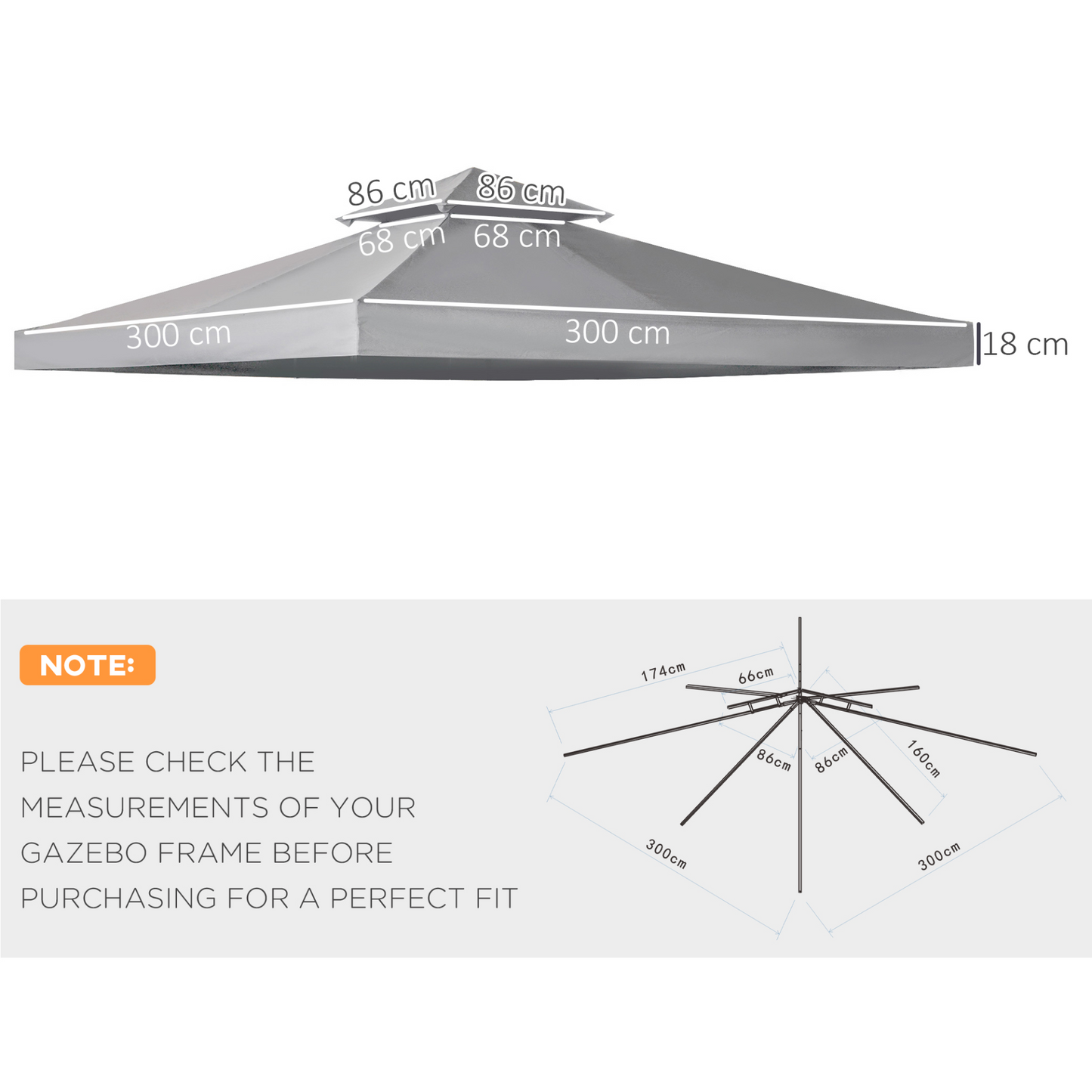 Outsunny 3 x 3(m) Gazebo Canopy Roof Top Replacement Cover Spare Part Light Grey (TOP ONLY)