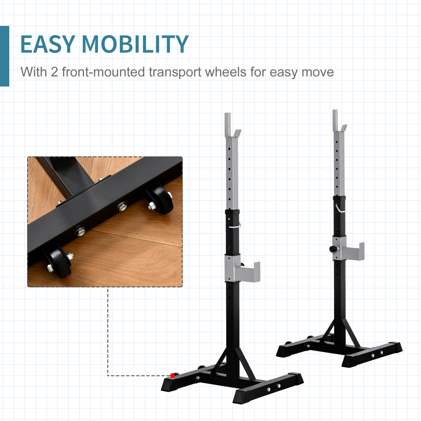 HOMCOM Weights Bar Barbell Squat Stand Stands Barbell Rack Gym Fitness Power Rack Holder with Wheels Height Adjustable