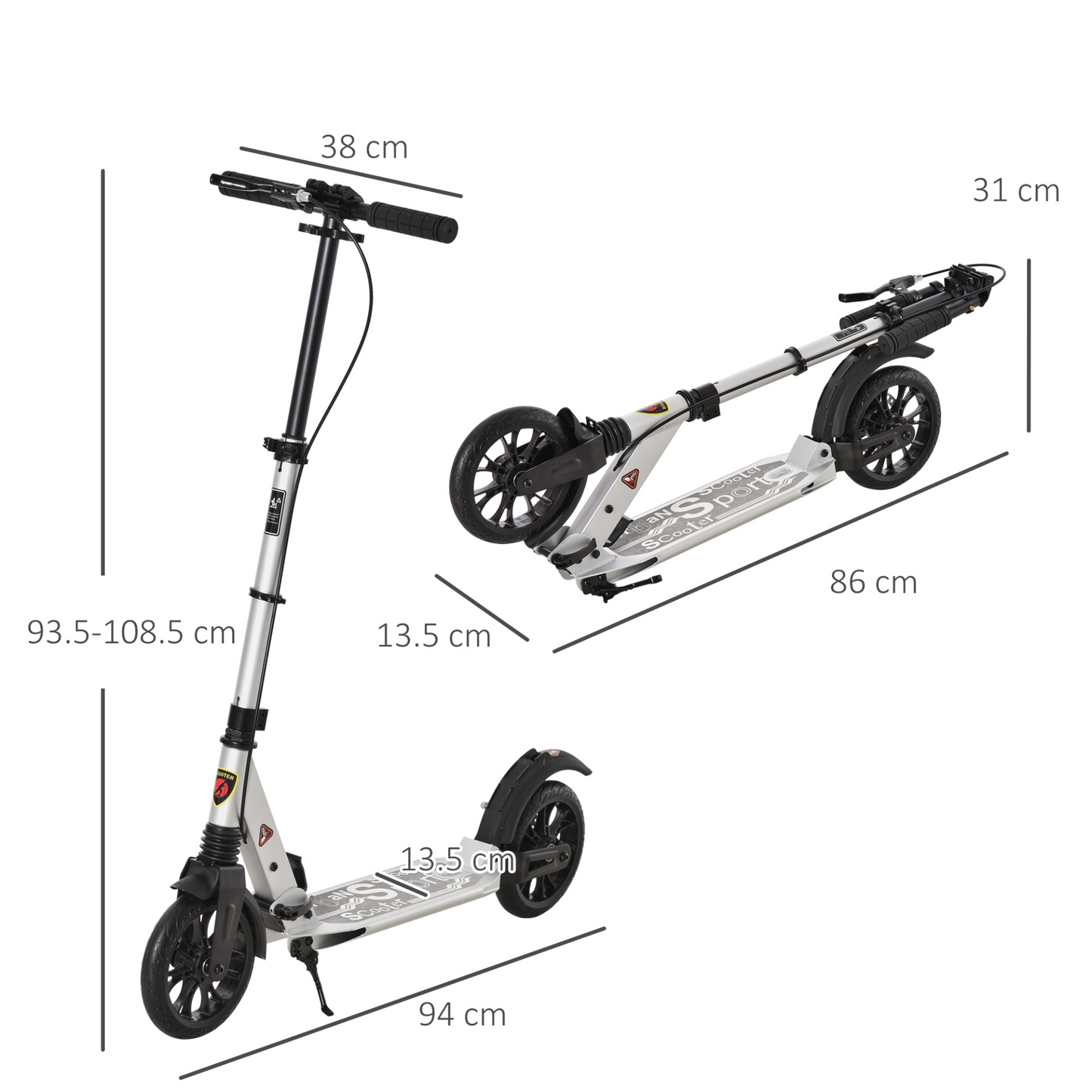 HOMCOM Adult Teens Kick Scooter Foldable Height Adjustable Aluminum Ride On Toy for 14+ with Rear Wheel & Hand Brake, Shock Mitigation System - Silver