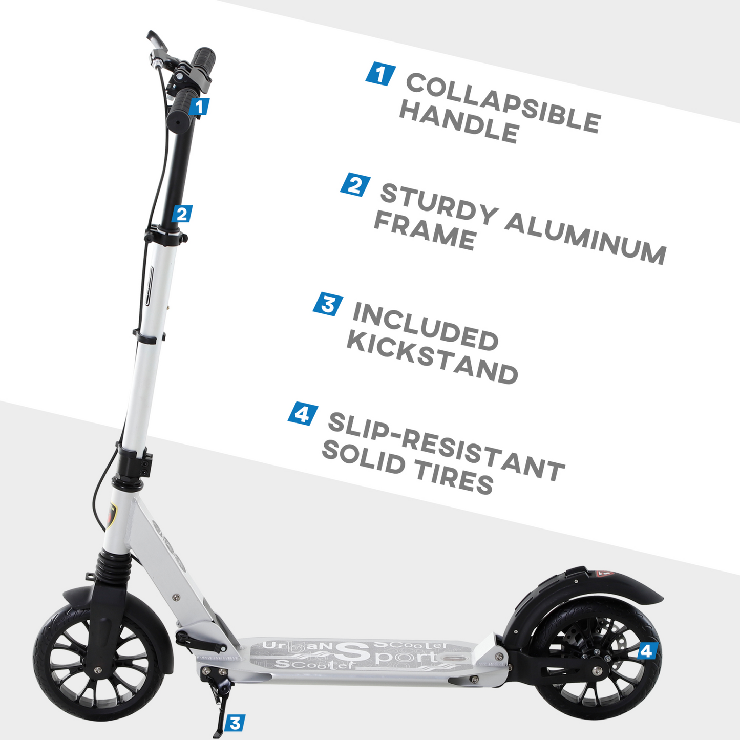 HOMCOM Adult Teens Kick Scooter Foldable Height Adjustable Aluminum Ride On Toy for 14+ with Rear Wheel & Hand Brake, Shock Mitigation System - Silver