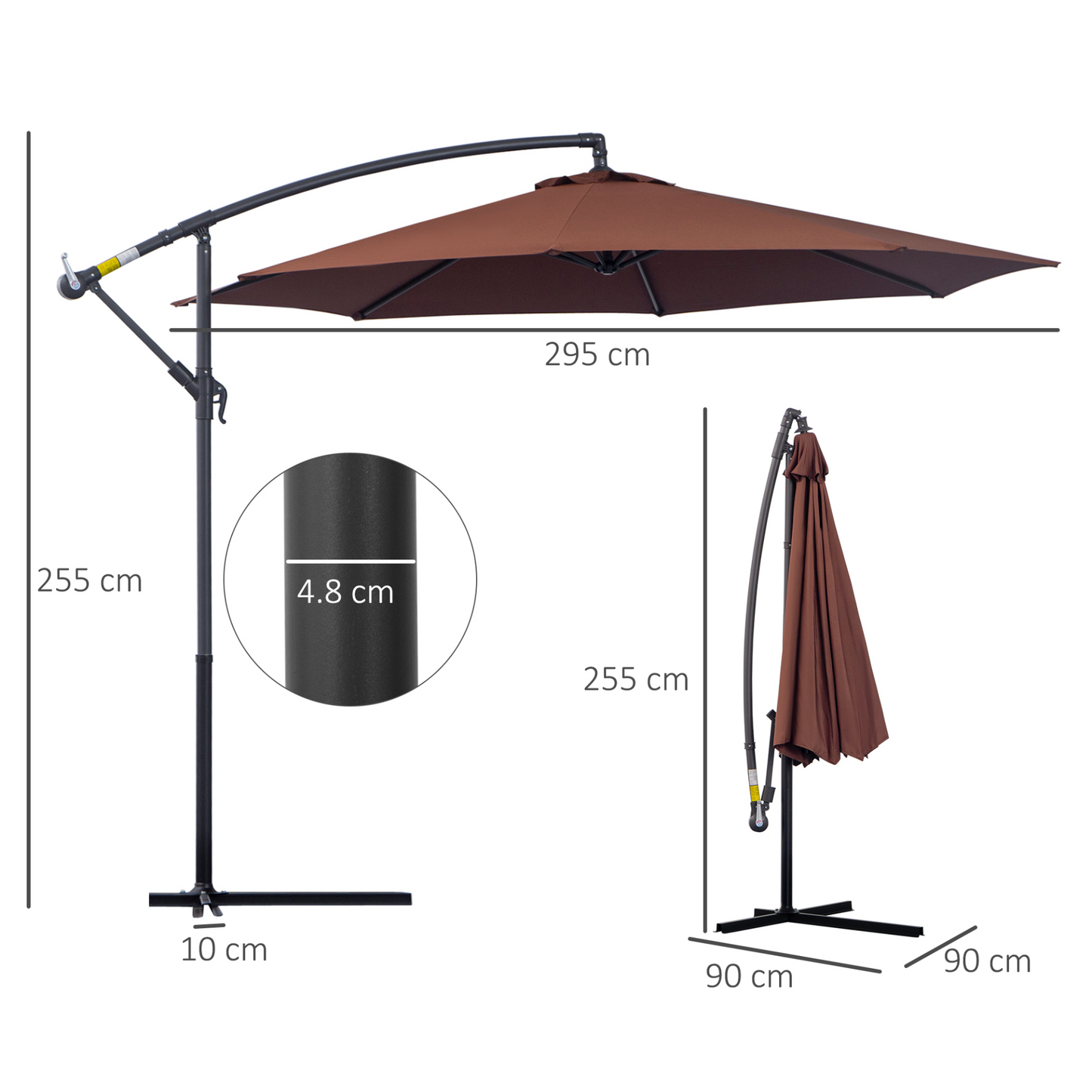 Outsunny 3(m) Garden Banana Parasol Hanging Cantilever Umbrella with Crank Handle and Cross Base for Outdoor, Sun Shade, Coffee