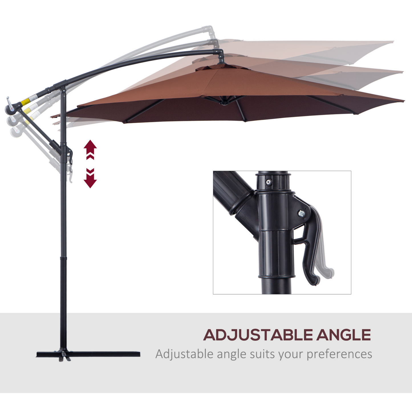 Outsunny 3(m) Garden Banana Parasol Hanging Cantilever Umbrella with Crank Handle and Cross Base for Outdoor, Sun Shade, Coffee