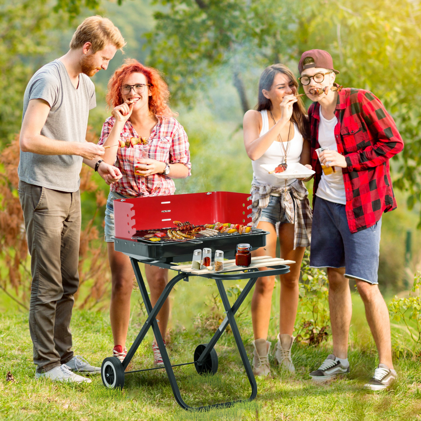 Outsunny Charcoal Trolley BBQ Barbecue Grill Patio Camping Picnic Garden Party Outdoor Cooking with Windshield, Wheels Side Trays, Black/Red