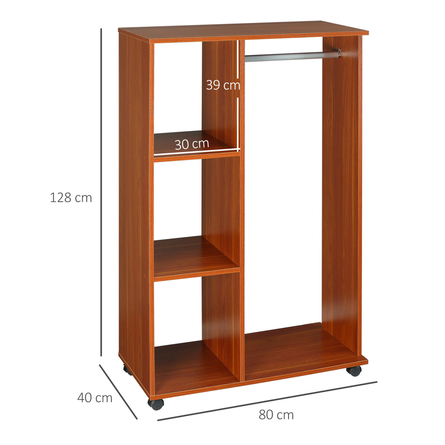 HOMCOM Open Wardrobe with Hanging Rail and Storage Shelves w/Wheels Bedroom-Walnut