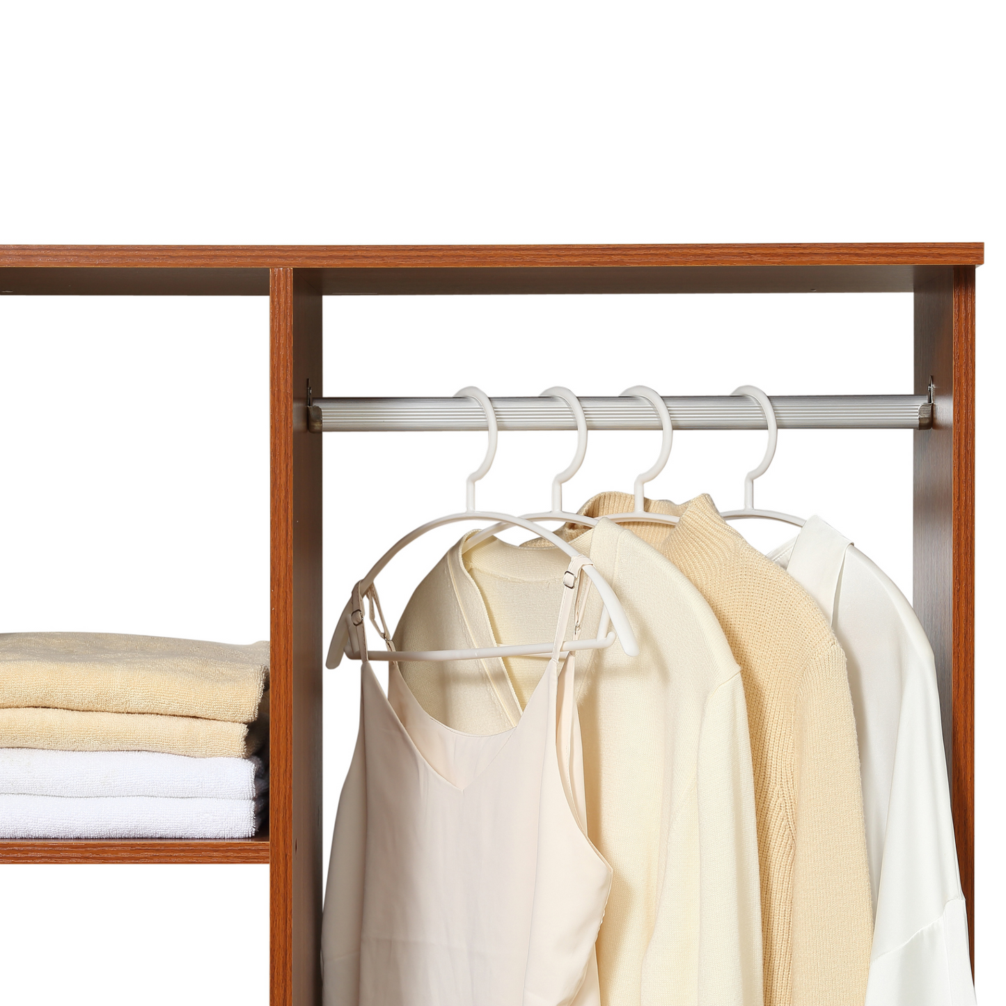 HOMCOM Open Wardrobe with Hanging Rail and Storage Shelves w/Wheels Bedroom-Walnut