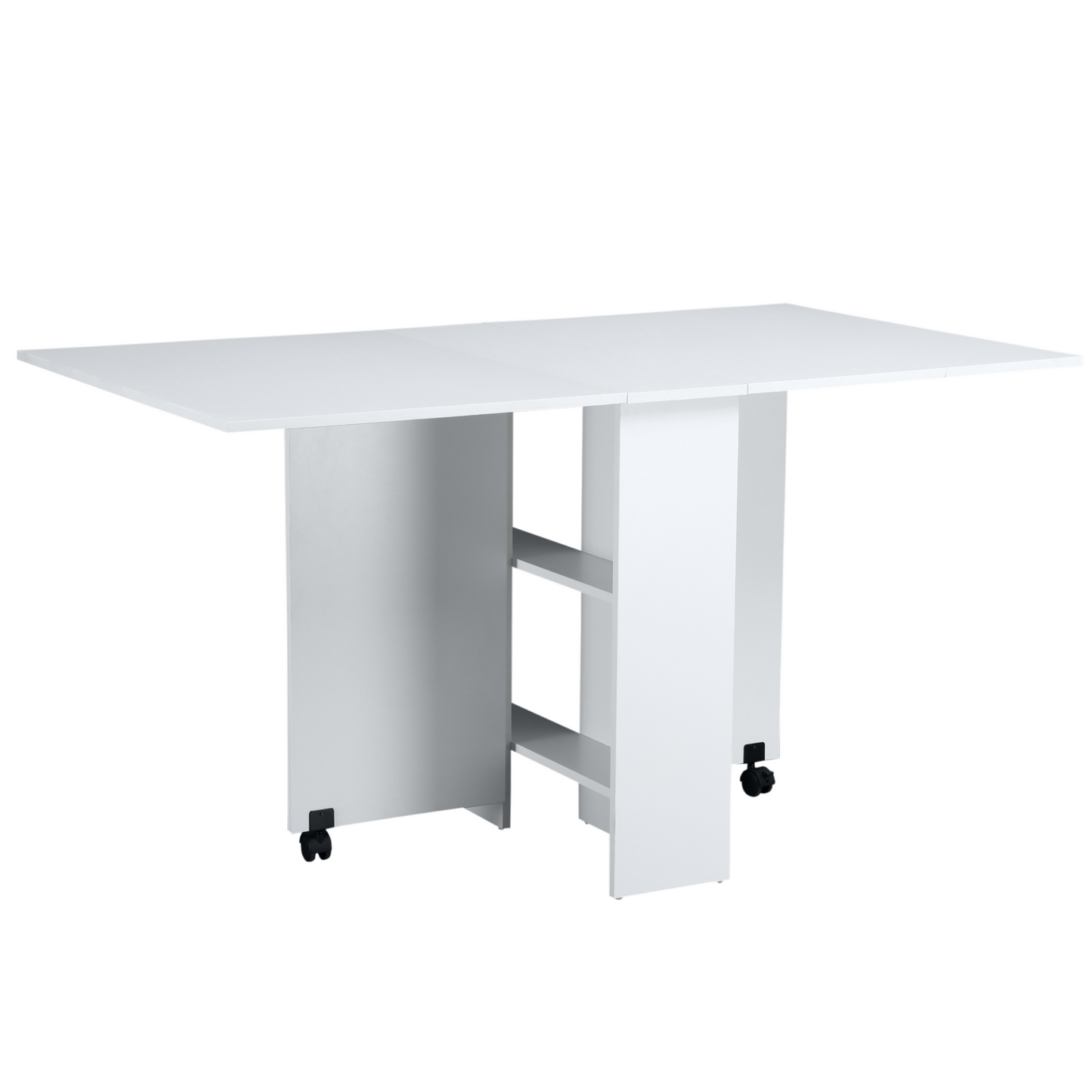 HOMCOM Mobile Drop Leaf Dining Kitchen Table Folding Desk For Small Spaces With 2 Wheels & 2 Storage Shelves White