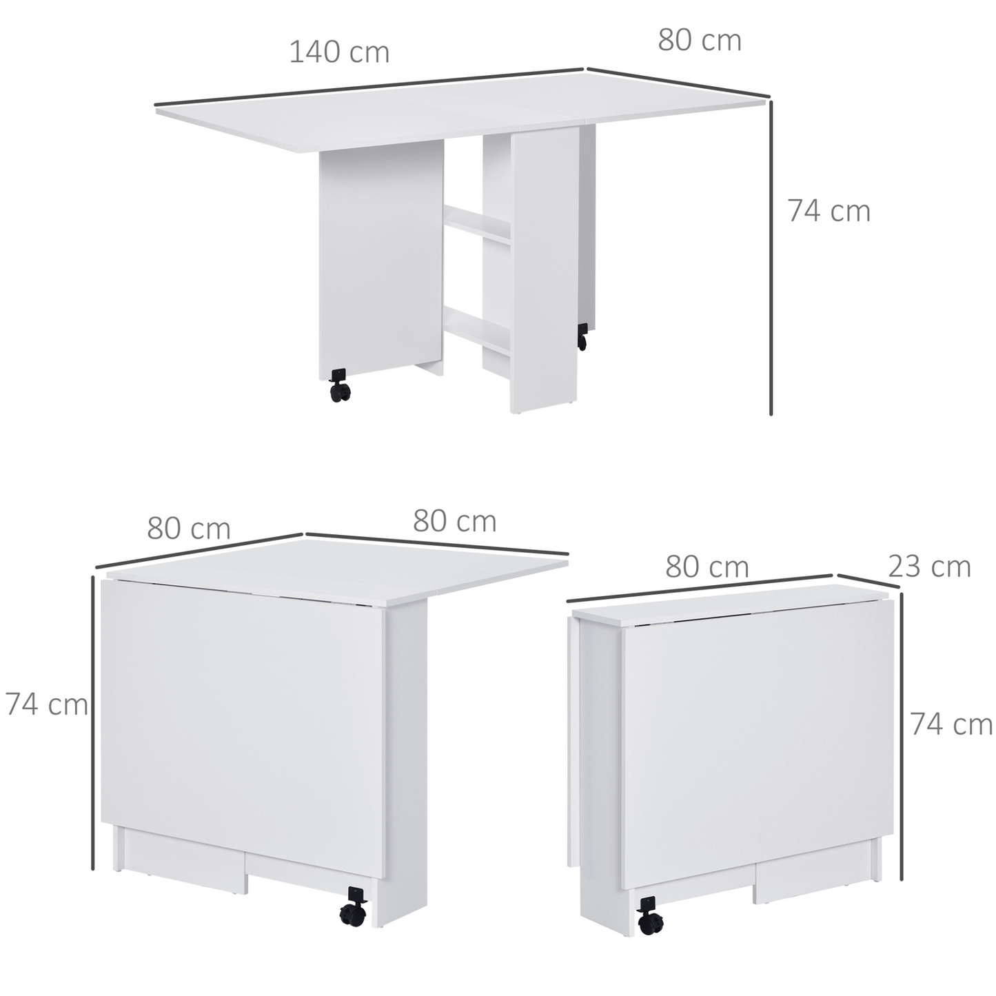 HOMCOM Mobile Drop Leaf Dining Kitchen Table Folding Desk For Small Spaces With 2 Wheels & 2 Storage Shelves White