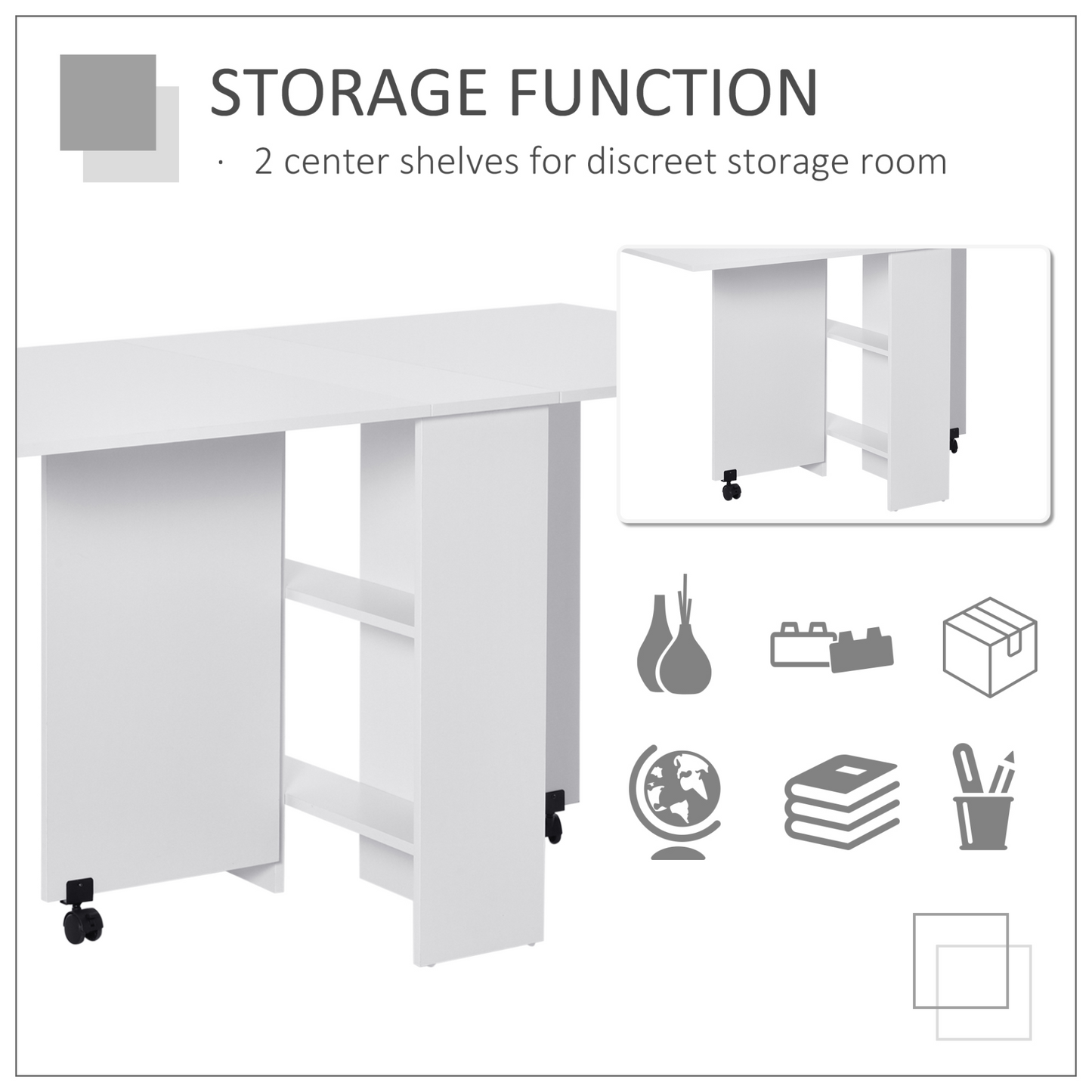 HOMCOM Mobile Drop Leaf Dining Kitchen Table Folding Desk For Small Spaces With 2 Wheels & 2 Storage Shelves White