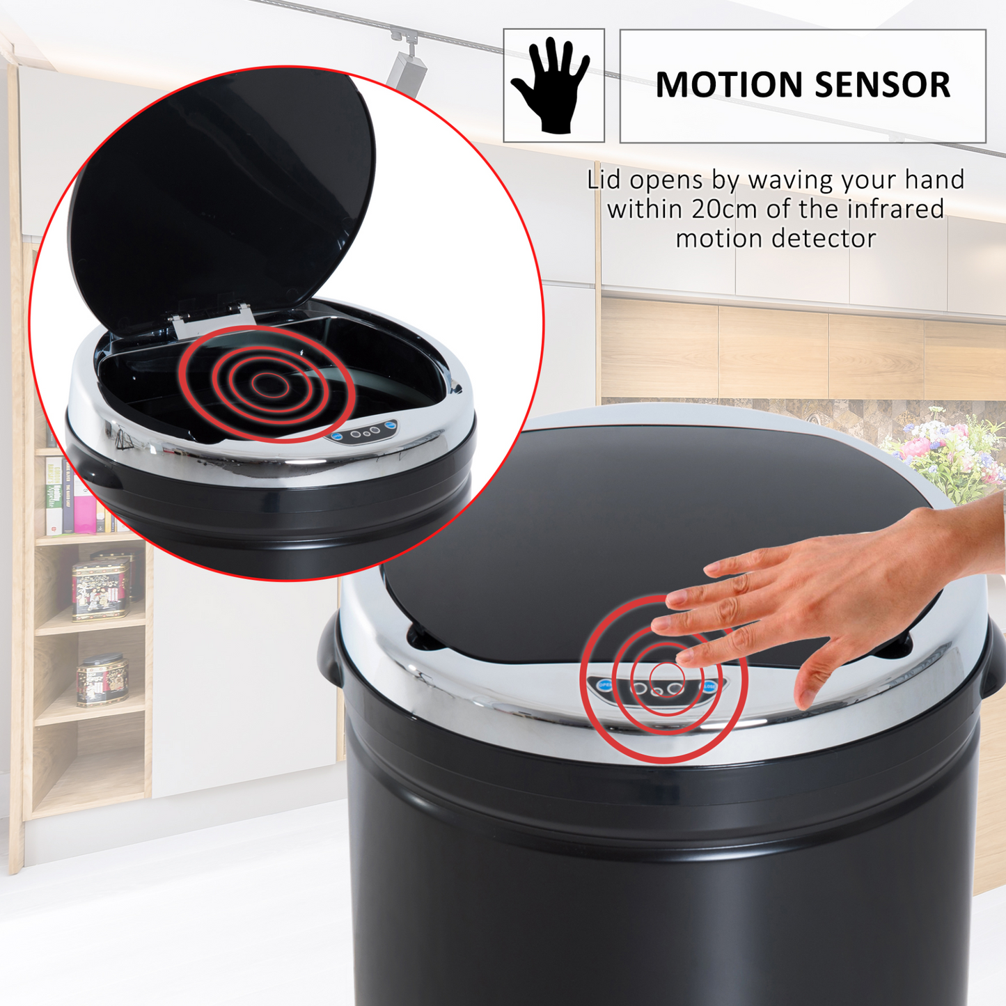 HOMCOM 50L Sensor Bin for Kitchen Waste Automatic Dustbin Motion Detection Dustbin  Stainless Steel Rubbish Can with Bucket, Black