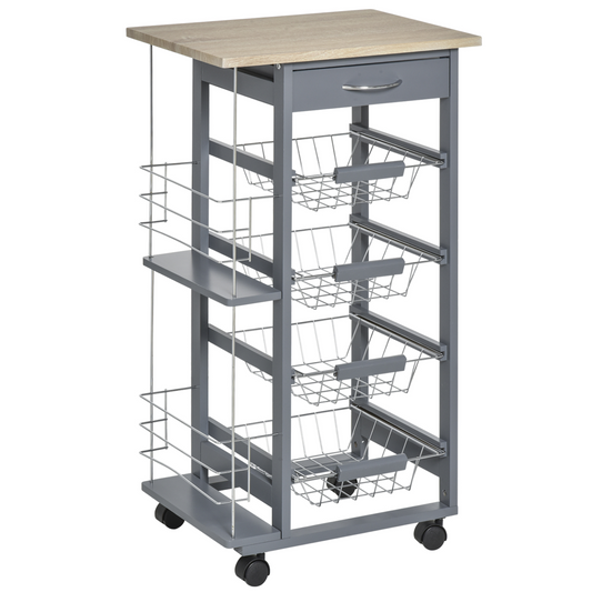 HOMCOM Rolling Kitchen Cart, Utility Storage Cart with 4 Basket Drawers & Side Racks, Wheels for Dining Room, Grey