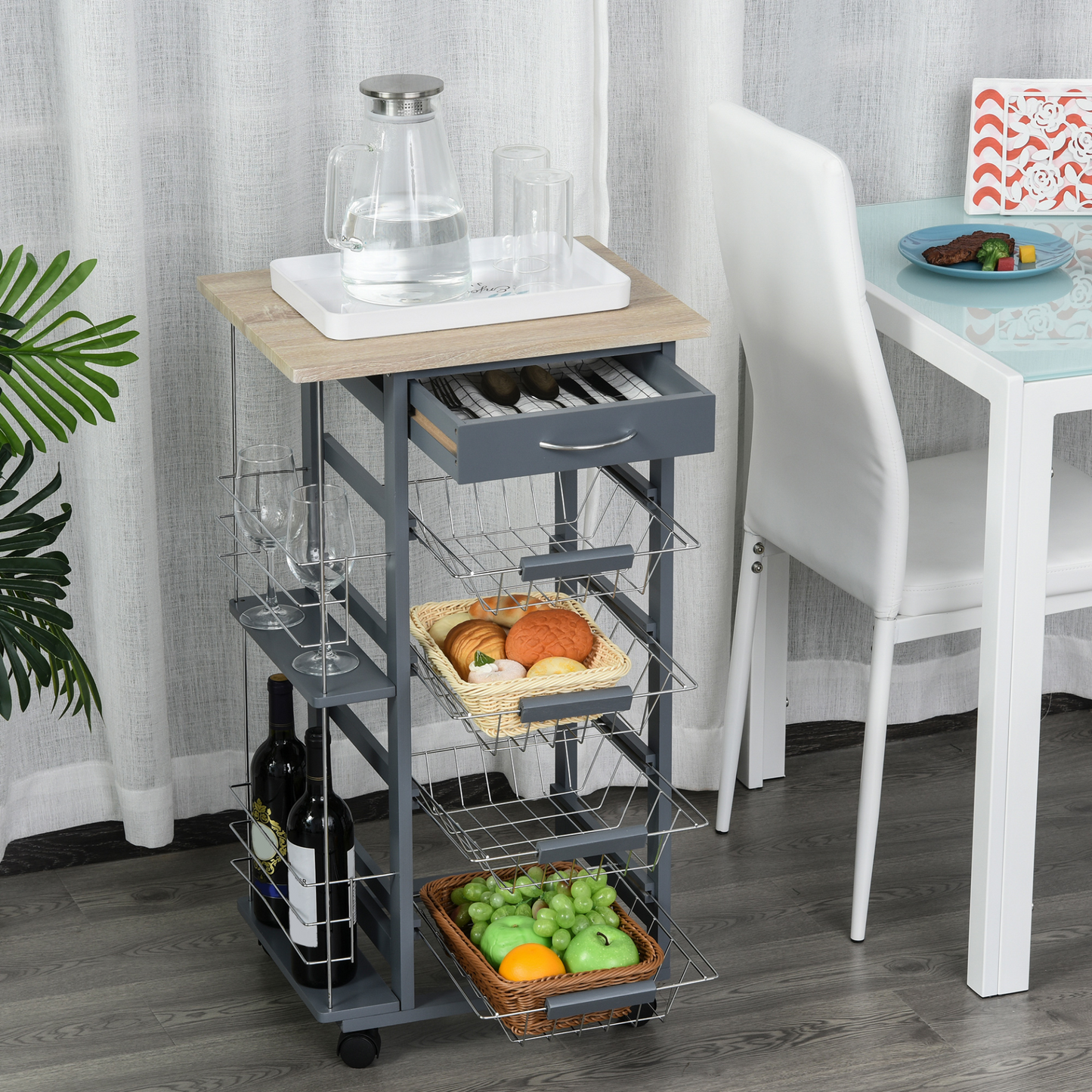 HOMCOM Rolling Kitchen Cart, Utility Storage Cart with 4 Basket Drawers & Side Racks, Wheels for Dining Room, Grey