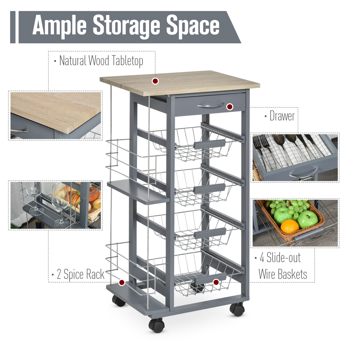 HOMCOM Rolling Kitchen Cart, Utility Storage Cart with 4 Basket Drawers & Side Racks, Wheels for Dining Room, Grey