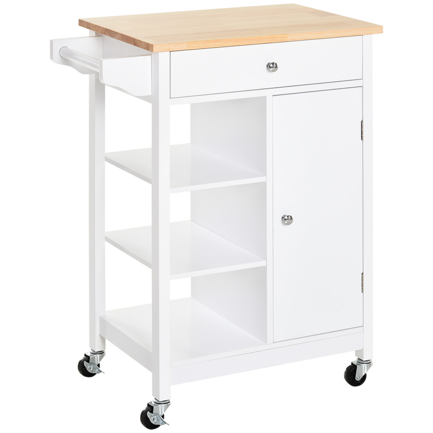 HOMCOM Kitchen Trolley, Kitchen Island on Wheels, w/ Wood Top, 3 Shelves and Storage Cupboard, White