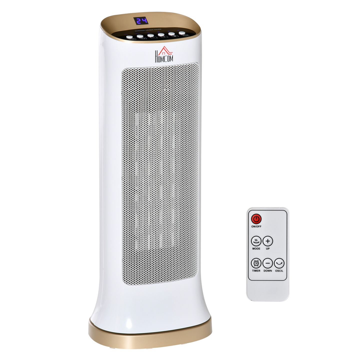 HOMCOM Table Top Tower Electric Heater with 2 Heat Setting 1000W/2000W and Ceramic Fan, Portable Space Heater with Remote Control, Oscillating, Timer, Tip-Over Overheat Protection, White