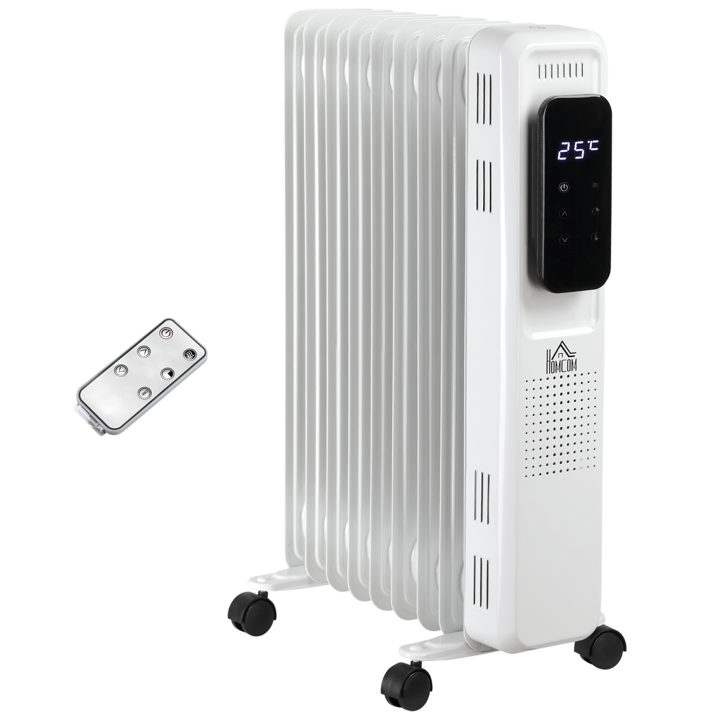 HOMCOM 2180W Oil Filled Nine Fin Radiator Portable Electric Heater w/ LED Display 24Hrs Timer Three Heat Settings Adjustable Thermostat Safety Switch Remote Control -White