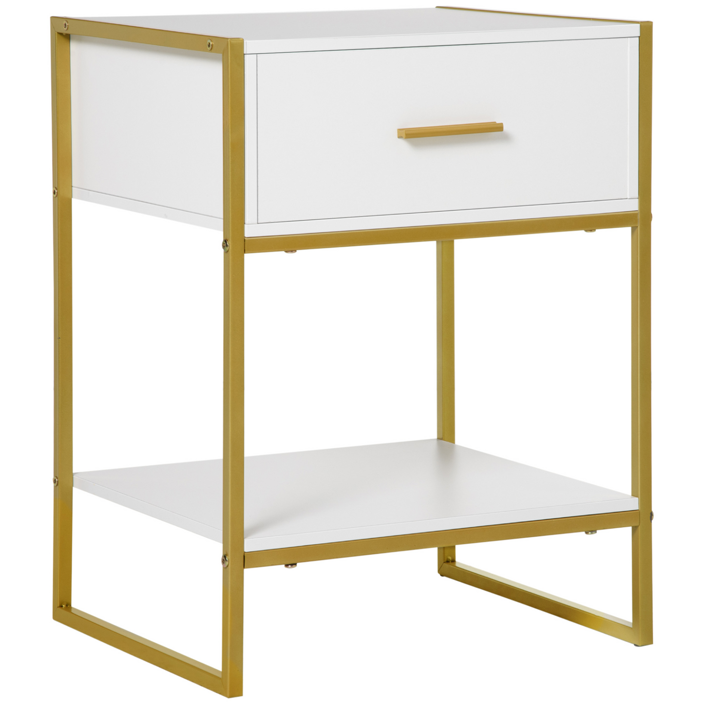 HOMCOM Modern Bedside Table, Nightstand with Drawer Shelf, Side Table for Living room, Bedroom White and Gold