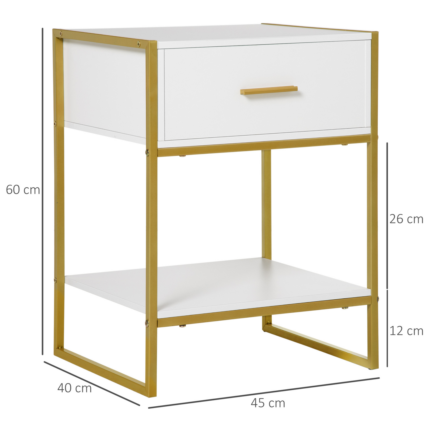 HOMCOM Modern Bedside Table, Nightstand with Drawer Shelf, Side Table for Living room, Bedroom White and Gold