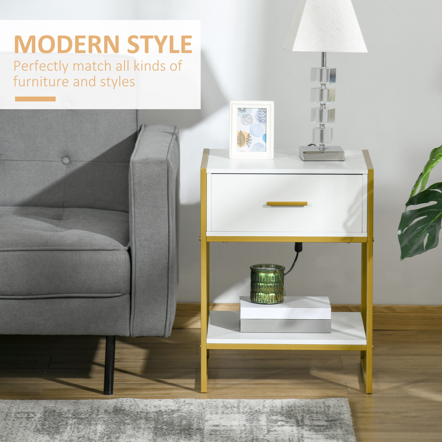 HOMCOM Modern Bedside Table, Nightstand with Drawer Shelf, Side Table for Living room, Bedroom White and Gold