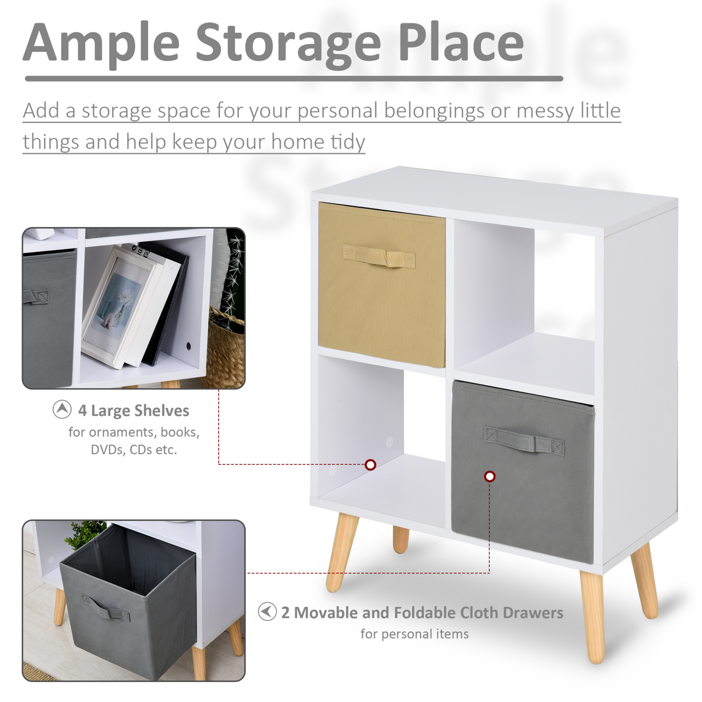 HOMCOM Freestanding 4 Cube Storage Cabinet Unit w/ 2 Fabric Drawers Handles Home Office Organisation Shelves Furniture 54.5L x 24W x 69.5H cm