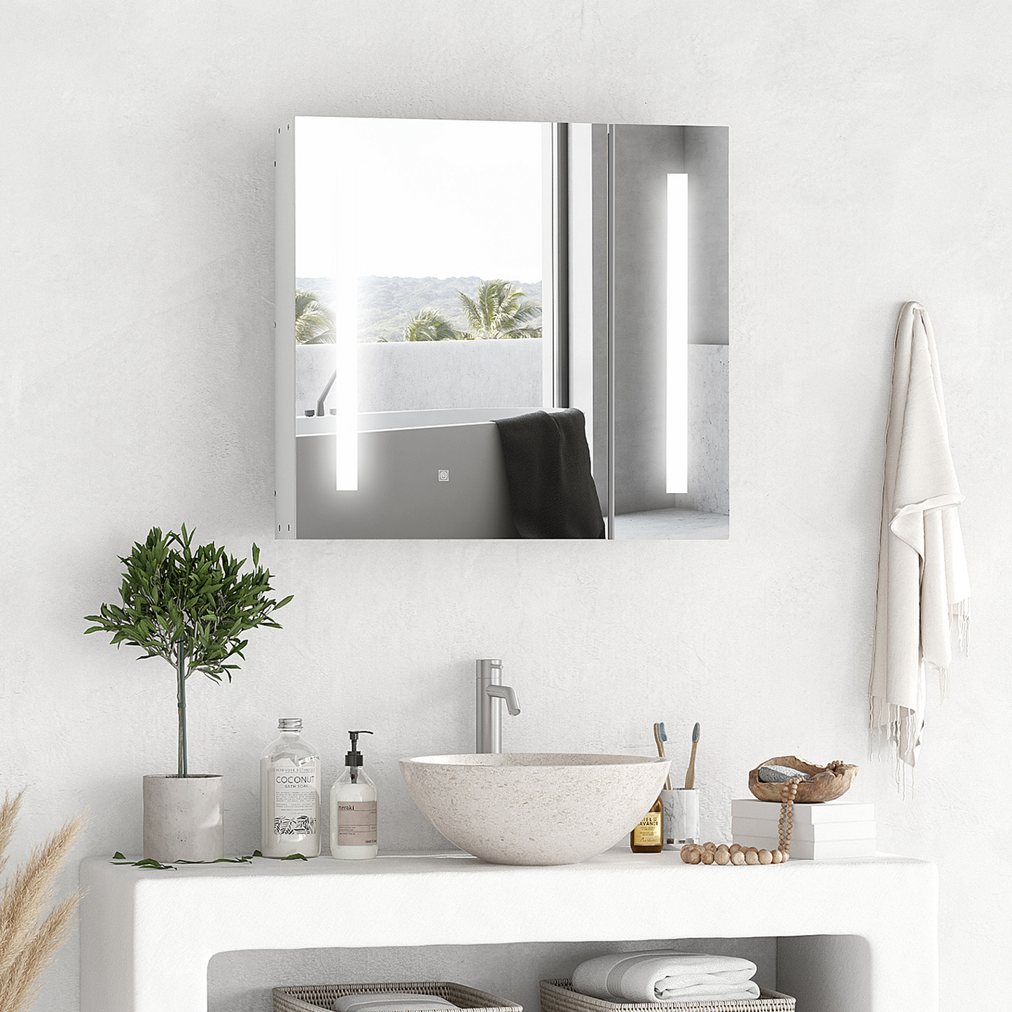 Illuminated Bathroom Mirror Cabinet 650 x 700Hmm LED Bathroom Mirror with Lights Touch Switch, Adjustable Shelf,  USB Charge, White