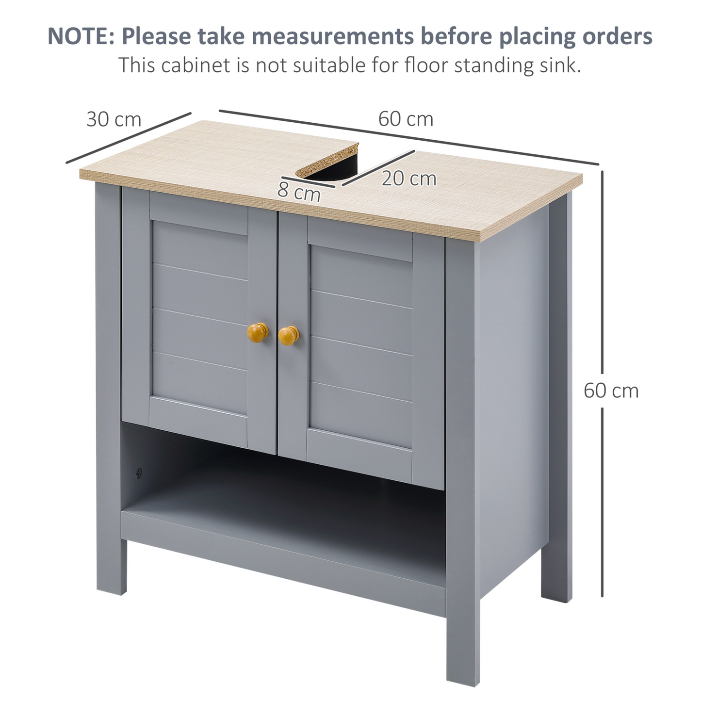 kleankin Under Sink Cabinet, Bathroom Vanity Unit, Pedestal Under Sink Design, Storage Cupboard with Adjustable Shelf, Grey