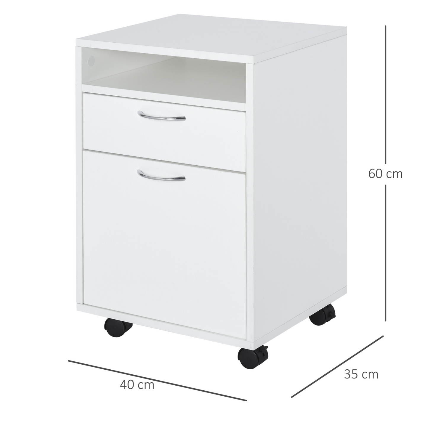 HOMCOM 60cm Storage Cabinet w/ Drawer Open Shelf Metal Handles 4 Wheels Office Home Organiser Mobile Printer White