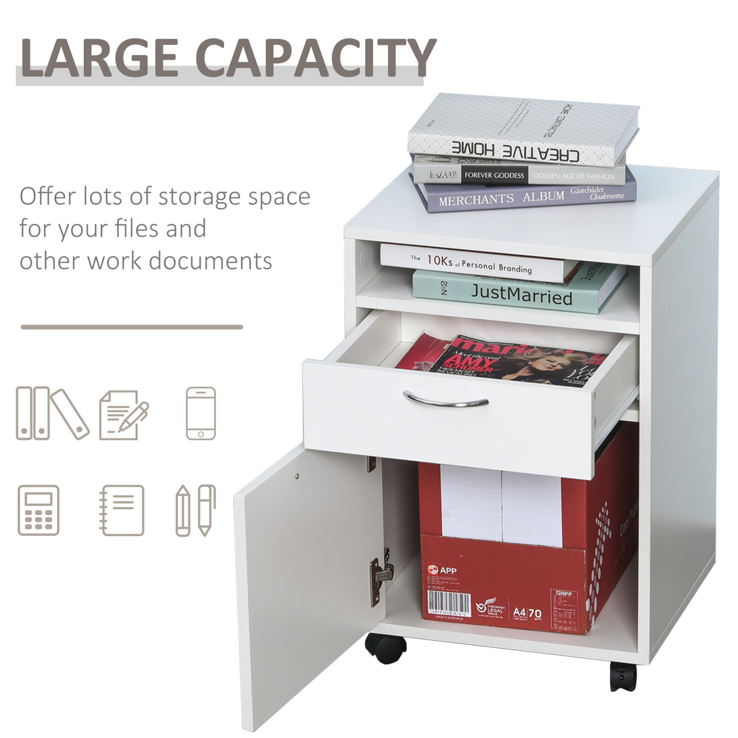 HOMCOM 60cm Storage Cabinet w/ Drawer Open Shelf Metal Handles 4 Wheels Office Home Organiser Mobile Printer White