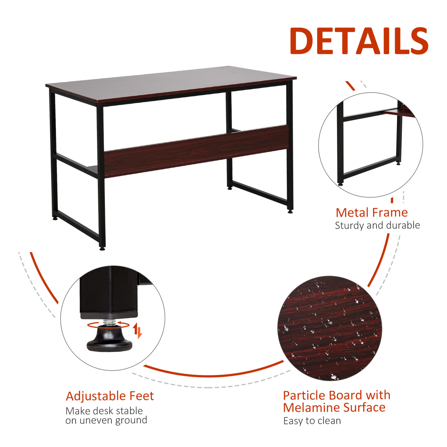 HOMCOM Computer Desk w/ Storage Shelf Adjustable Feet Metal Frame Home Office Laptop Study Writing Workstation Table Brown