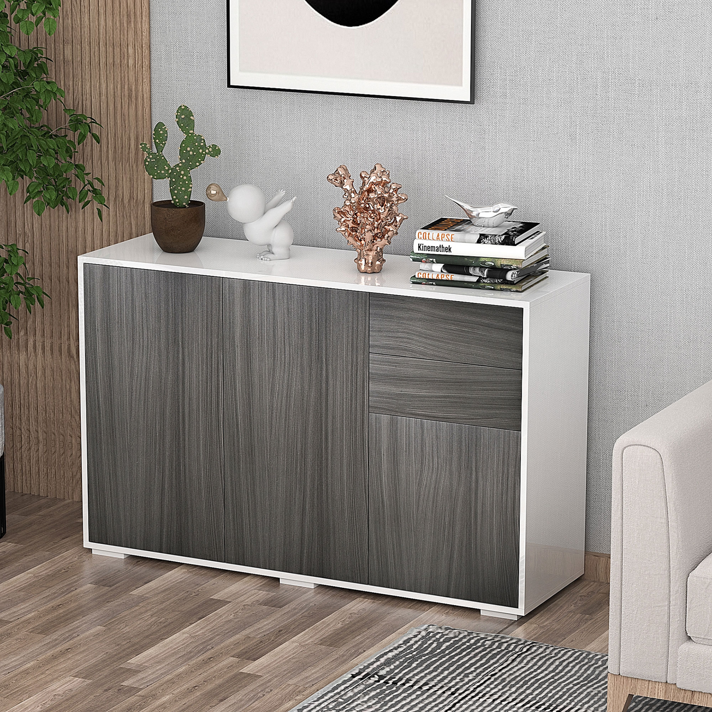 HOMCOM High Gloss Frame Sideboard, Side Cabinet, Push-Open Design with 2 Drawer for Living Room, Bedroom, Light Grey and White