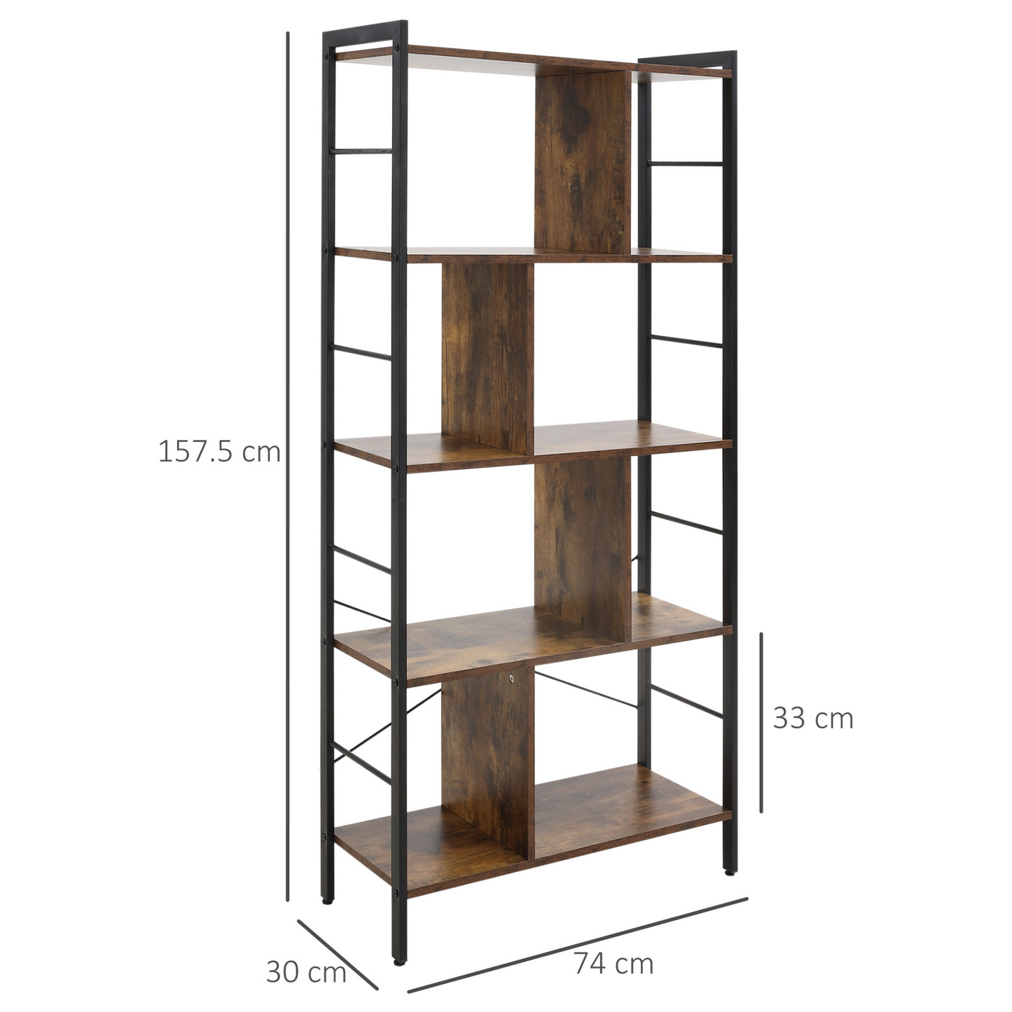 HOMCOM Industrial Storage Shelf Bookcase Closet Floor Standing Display Rack with 5 Tiers, Metal Frame for Living Room & Study, Rustic Brown