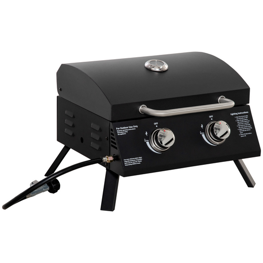 Outsunny 2 Burner Gas BBQ Grill Outdoor Portable Folding Tabletop Barbecue w/ Lid, Thermometer, Carbon Steel, Black