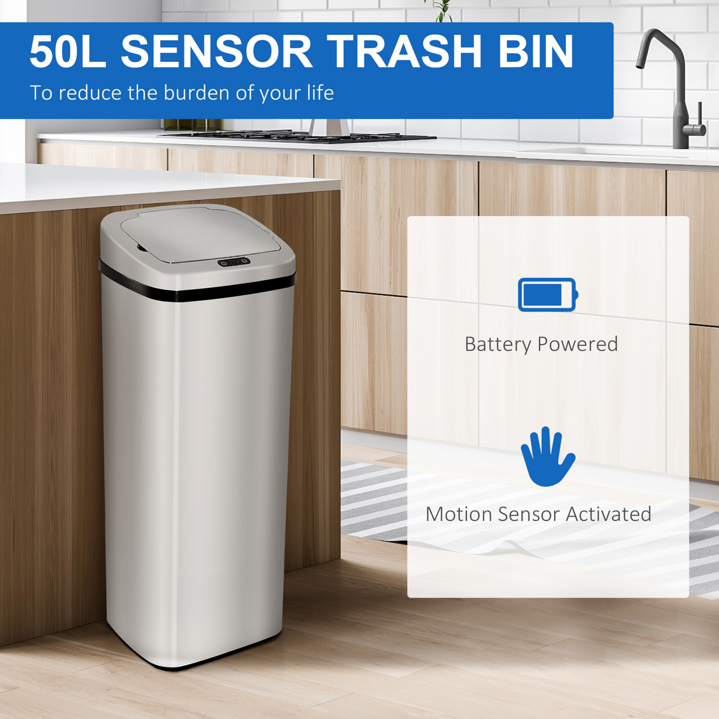 HOMCOM 50L Infrared Touchless Automatic Motion Sensor Dustbin Stainless Steel Trash Can Home Office