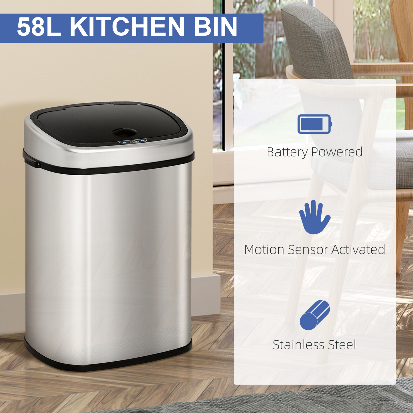 HOMCOM Stainless Steel Sensor Dustbin Automatic Touchless Trashcan Rubbish Garbage Waste Bin 58L Silver