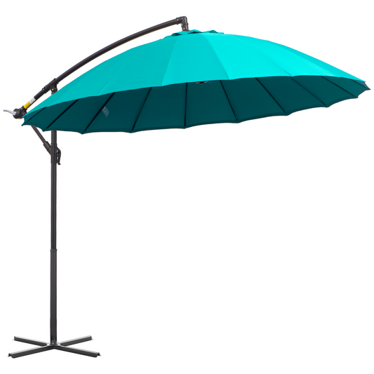 Outsunny 3(m) Cantilever Shanghai Parasol Garden Hanging Banana Sun Umbrella with Crank Handle, 18 Sturdy Ribs and Cross Base, Turquoise