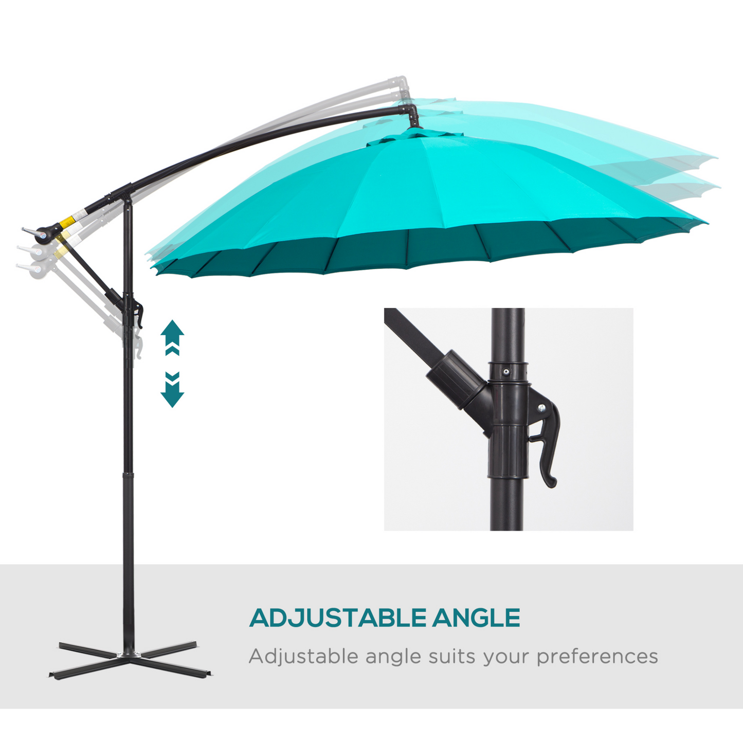 Outsunny 3(m) Cantilever Shanghai Parasol Garden Hanging Banana Sun Umbrella with Crank Handle, 18 Sturdy Ribs and Cross Base, Turquoise