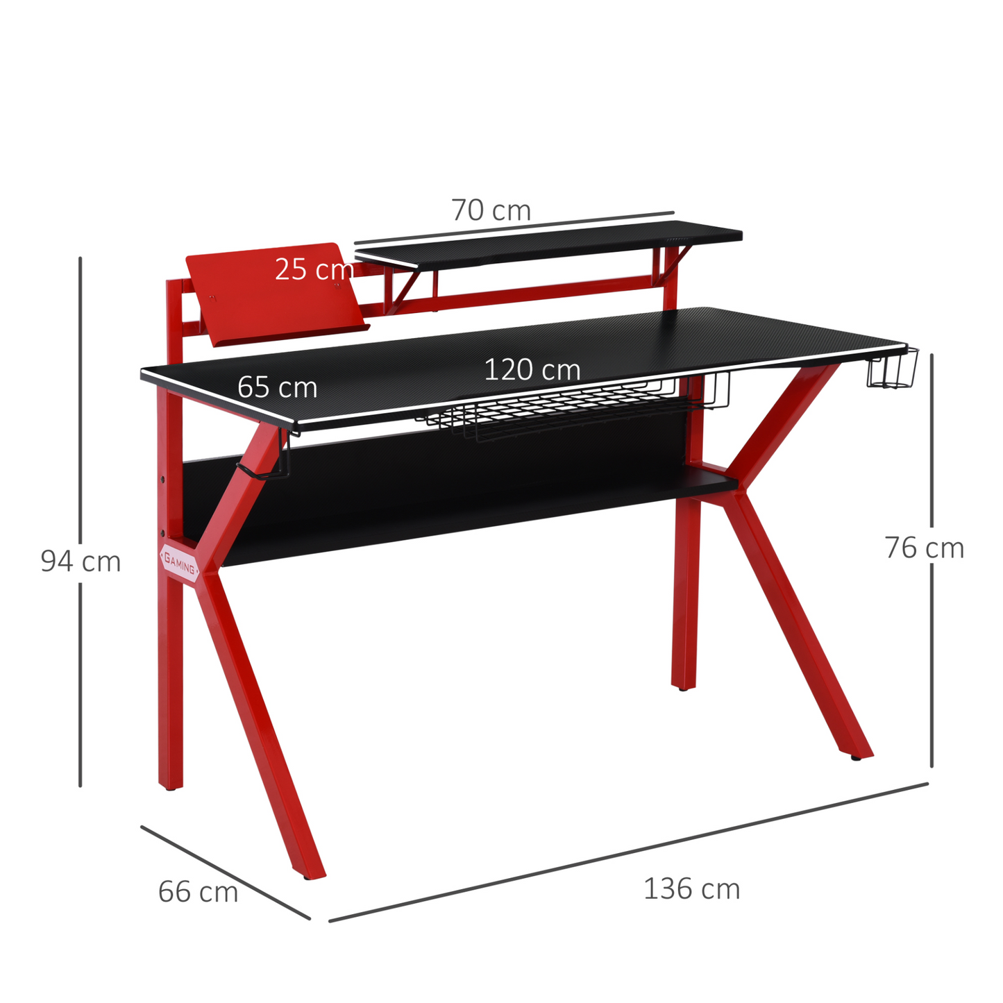 HOMCOM Gaming Desk Computer Table with Large Monitor Stand, Stable Metal Frame Adjustable Feet w/ Cup Holder Headphone Hook, Cable Basket - Red