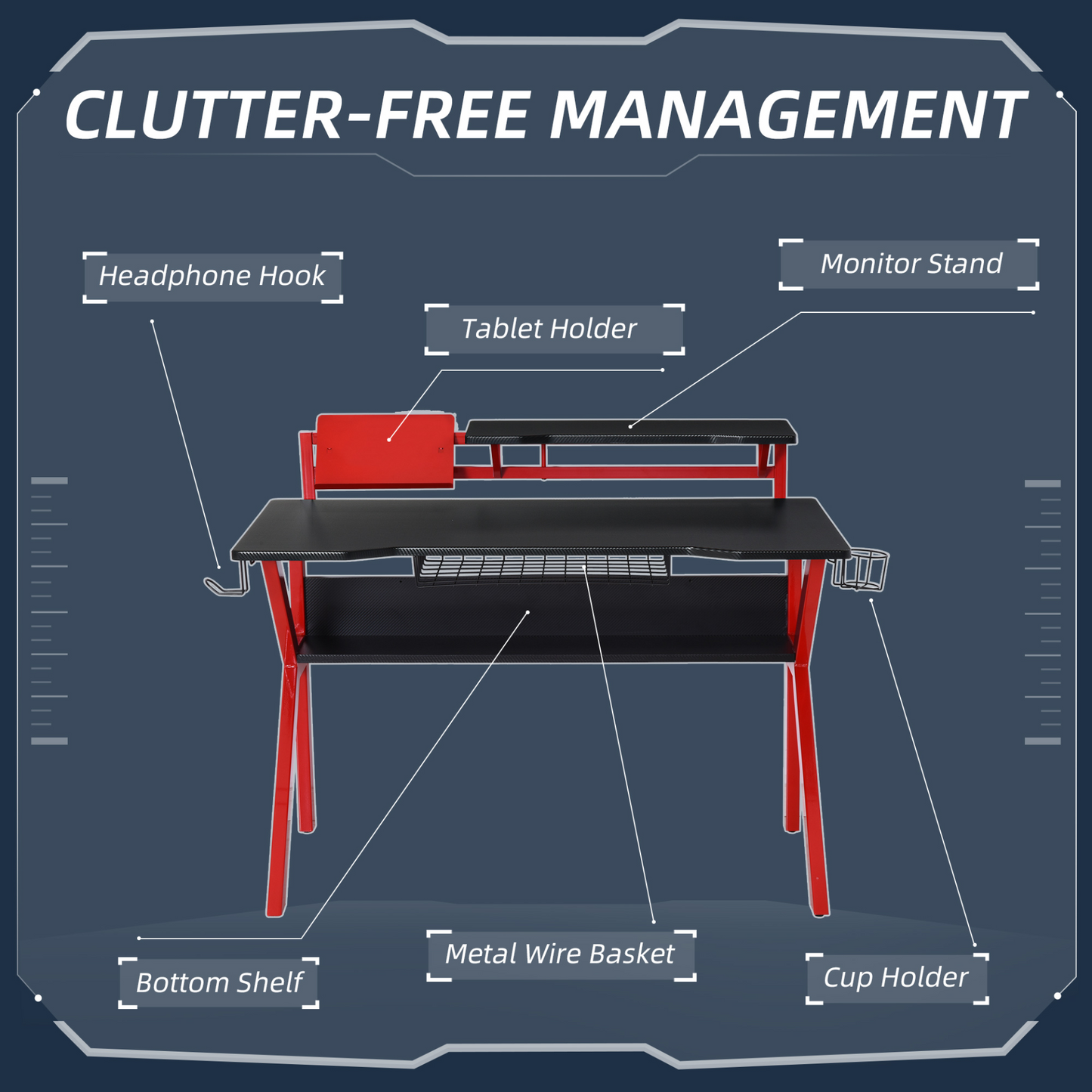 HOMCOM Gaming Desk Computer Table with Large Monitor Stand, Stable Metal Frame Adjustable Feet w/ Cup Holder Headphone Hook, Cable Basket - Red