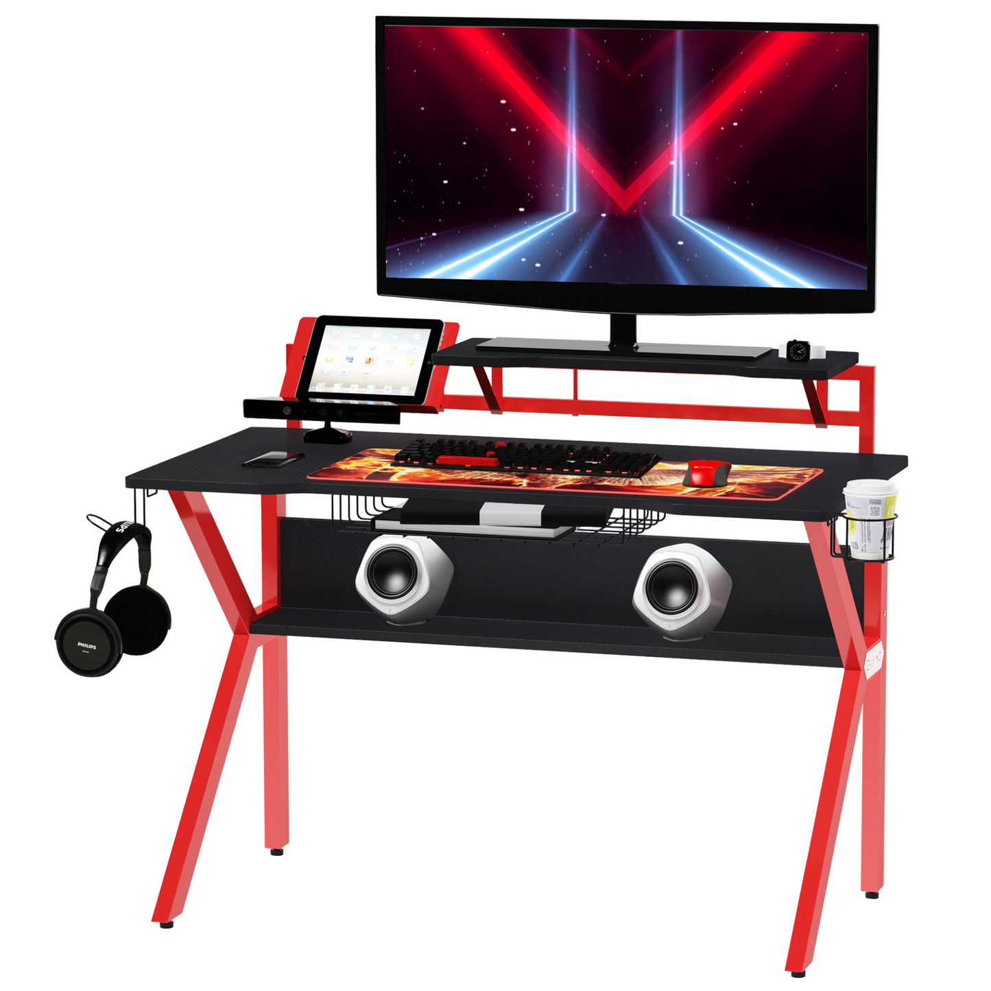 HOMCOM Gaming Desk Computer Table with Large Monitor Stand, Stable Metal Frame Adjustable Feet w/ Cup Holder Headphone Hook, Cable Basket - Red