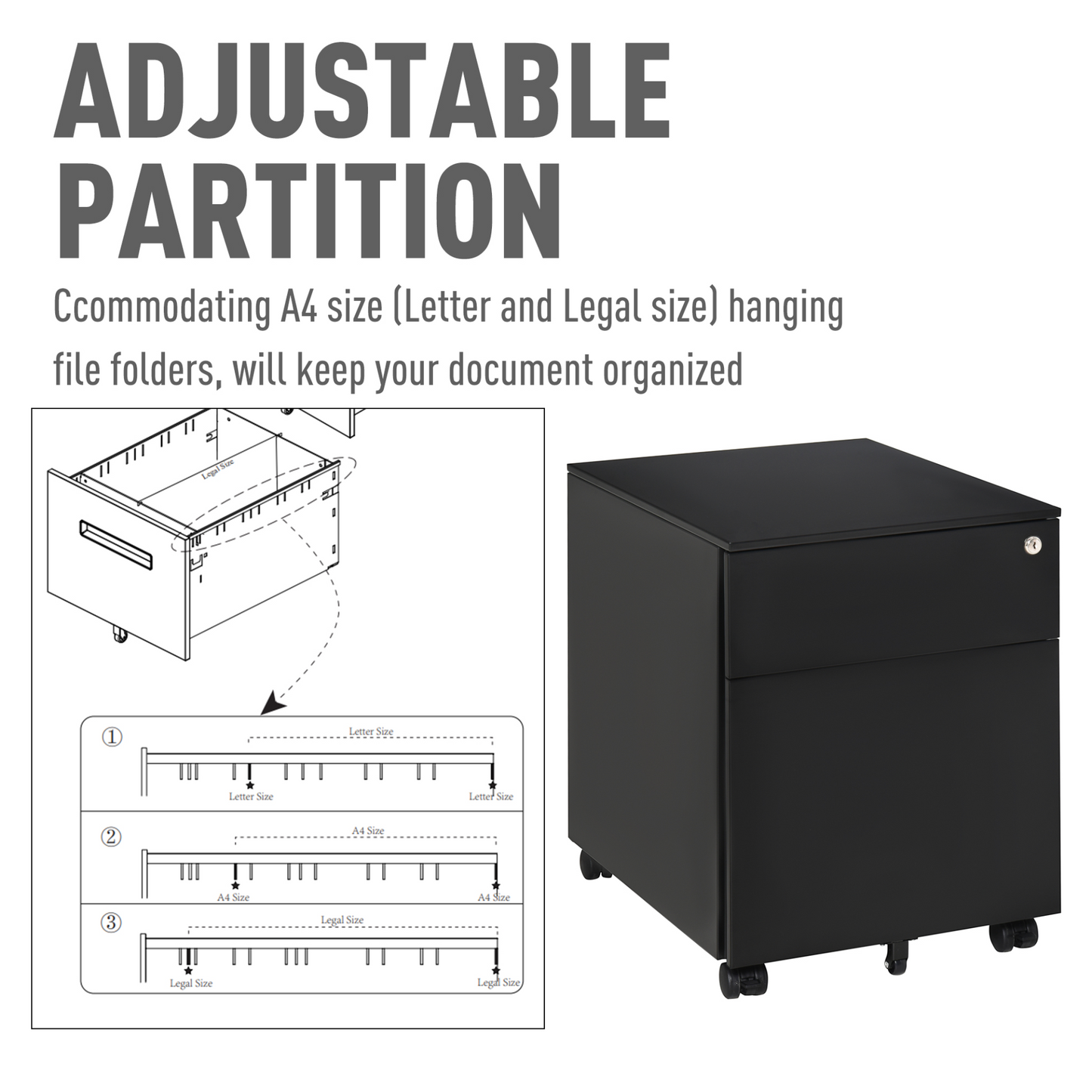 Vinsetto Vertical File Cabinet Steel Lockable with Pencil Tray and Casters Home Filing Furniture for A4, Letters, and Legal-sized Files, 39 x 48 x 48.5cm, Black