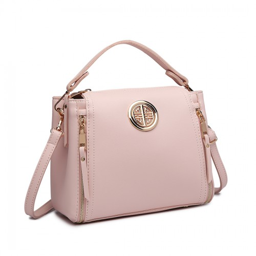 E1851 - Miss Lulu Leather Look Dual Zipped Handbag - Pink