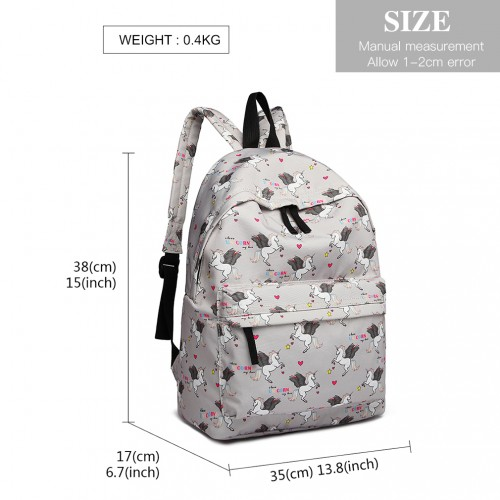 E1401 UN - Miss Lulu Large Backpack Unicorn Print - Grey