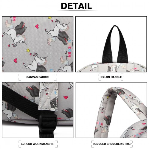 E1401 UN - Miss Lulu Large Backpack Unicorn Print - Grey