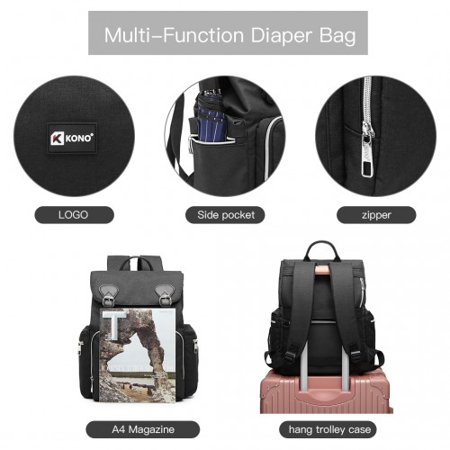 E1976 - Kono Travel Baby Changing Backpack with USB Charging Interface - Black