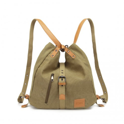 E6850 - Kono Canvas Hobo Slouch Shoulder Bag and Backpack - Khaki