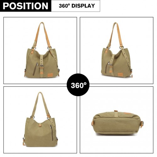 E6850 - Kono Canvas Hobo Slouch Shoulder Bag and Backpack - Khaki