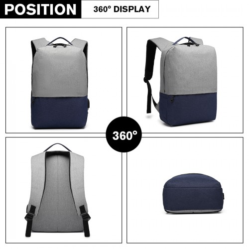 E6891 - Kono Waterproof Basic Backpack with USB Charging Port - Grey/Blue