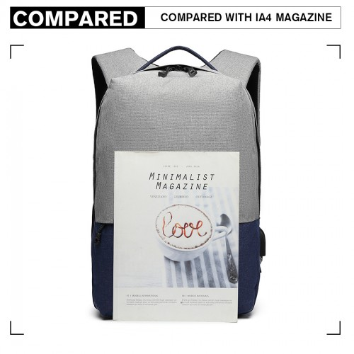 E6891 - Kono Waterproof Basic Backpack with USB Charging Port - Grey/Blue