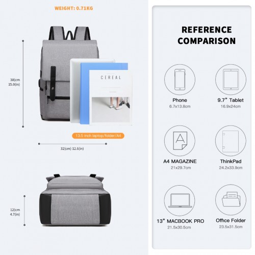 EG2032 - Kono Smart Practical Backpack with USB Chargable Interface - Grey