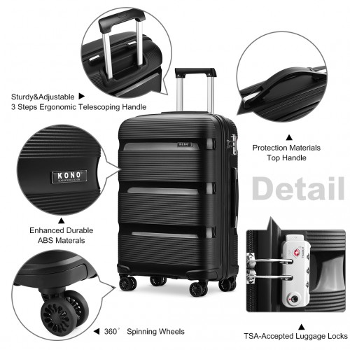 K2092L - Kono Bright Hard Shell PP Suitcase 3 Pieces Set - Classic Collection - Black