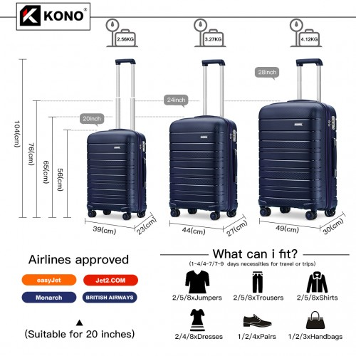 K2091L - Kono Multi Texture Hard Shell PP Suitcase 3 Pieces Set - Classic Collection - Navy